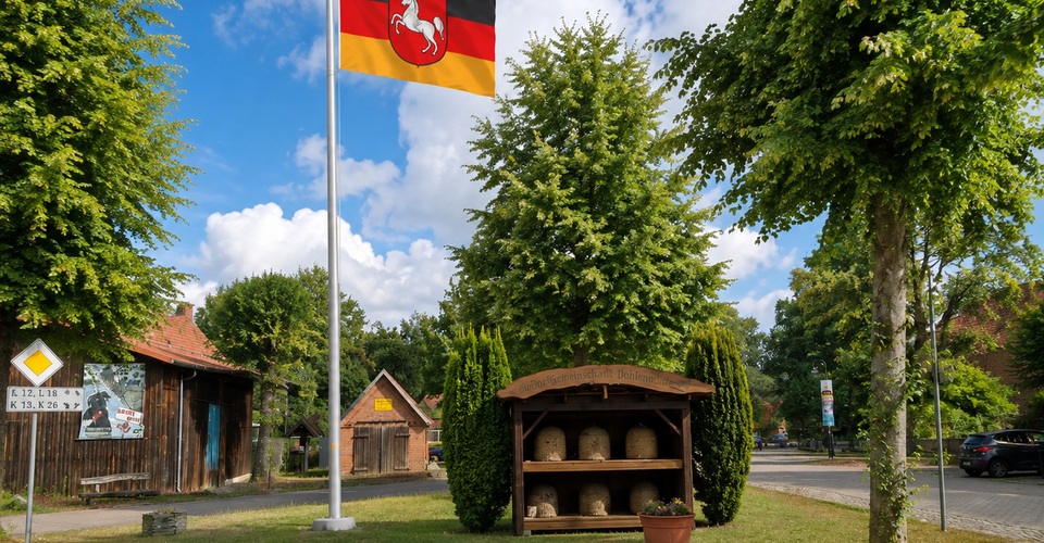 Flaggenmast mit Niedersachsenflagge auf dem Burnplatz in Krelingen ...